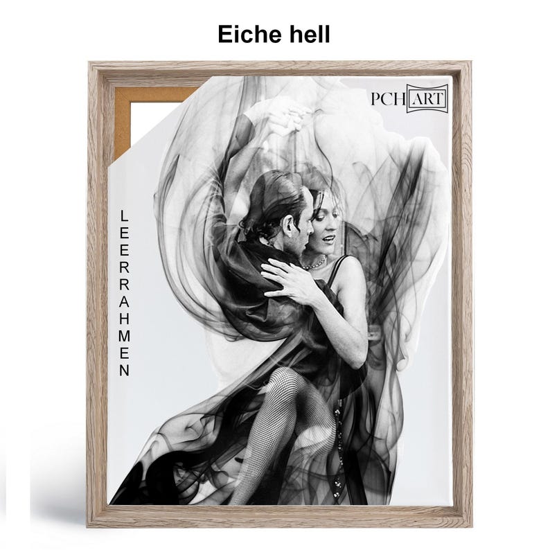 May include: A black and white photograph of a couple dancing the tango. The woman is wearing a long black dress and the man is wearing a black suit. The image is framed in a light wood frame with the text "LEERER RAHMEN" and "PCH ART" on the frame.