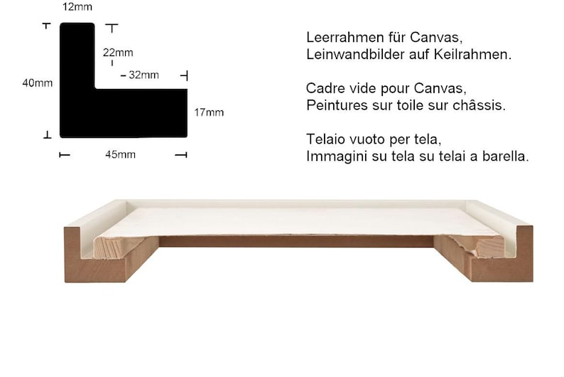 May include: A wooden frame for canvas art, with dimensions labeled in millimeters. The frame is made of natural wood and has a white canvas insert. The text "Leerrahmen f&uuml;r Canvas, Leinwandbilder auf Keilrahmen." is visible in the image.