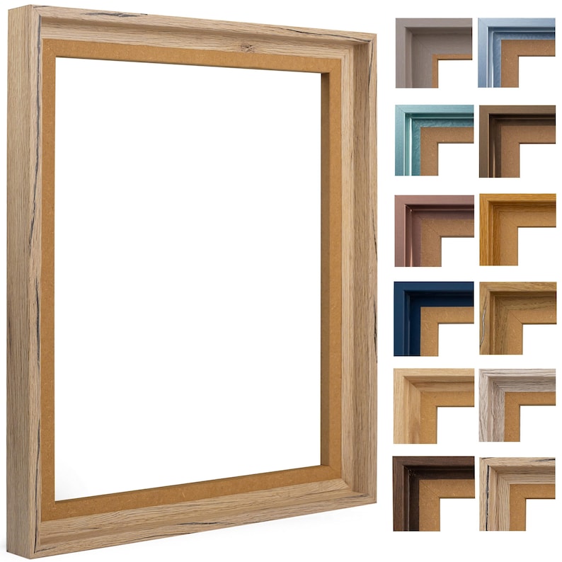 May include: A wood picture frame with a natural wood finish. The frame has a wide, flat profile and a simple design. The frame is shown with a variety of color options for the mat.