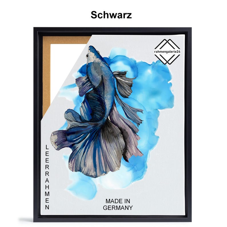 May include: A framed print of a blue betta fish with a long, flowing tail, swimming in a blue and white watercolor background. The frame is black and the print is titled "Schwarz".