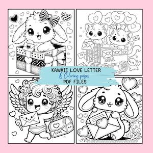 Páginas para colorear de cartas de amor kawaii / Lindas páginas para imprimir para el día de San Valentín / Descarga digital