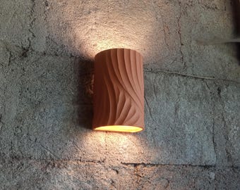 Lampada da parete in terracotta, applique da parete in argilla, lampada arancione a forma cilindrica