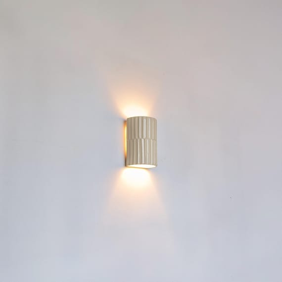 Handmade Ceramic Wall Sconce, Textured Cylinder wall Light Beige, Up and down light fixture