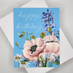 Carte de joyeux anniversaire - Floral - fleurs sauvages - abeille - printemps - bleu