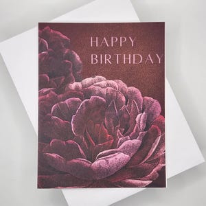 Carte de joyeux anniversaire - pivoine - fleur de naissance de novembre - bordeaux