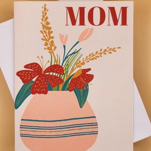 Carte pour la fête des mères - Maman - Fleurs - Vase - Bouquet - Rose