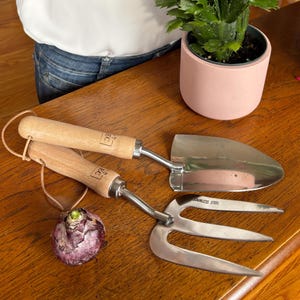 Stainless Steel Garden Tools with Wooden Handle – 2-Piece Durable Hand Tool Set for Gardeners – Gift for Plant Lovers & Enthusiasts