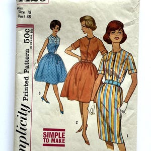May include: Vintage Simplicity sewing pattern envelope. The cover features illustrations of three dresses: a blue polka-dot dress, an orange dress, and a striped dress. The envelope includes the pattern number 4426, size 18, and bust 38.