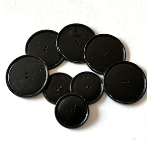Vintage Black Buttons, 8 Large and Extra Large Black Coat Buttons, MCM, Glossy Black,Matching Set, Sewing Notions, Junk Journal Craft Supply