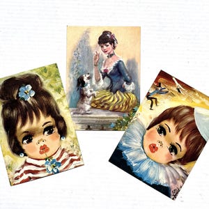Vintage Big Eye Girls Lithograph Prints - 1960s Strevens DAC Art - Set of 3