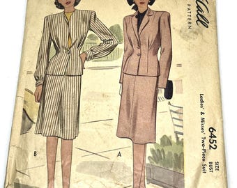 1940s Women&#39;s Suit Pattern, McCall 6452 from 1946, Women&#39;s Jacket Pattern, Women&#39;s Skirt Pattern, 40s Jacket, 1940s skirt Sewing Pattern
