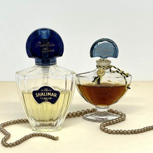 Vintage Shalimar Perfume and Eau de Toilette, 2 Bottles Guerlain Paris, Blue Glass Stopper and Spray Bottle, French Perfume Bottles