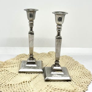 Vintage Silver Plate Candlesticks, Pair of Art Deco Style Silver Candlesticks, 6" Tall, Made in England, Simply Elegant with Patina