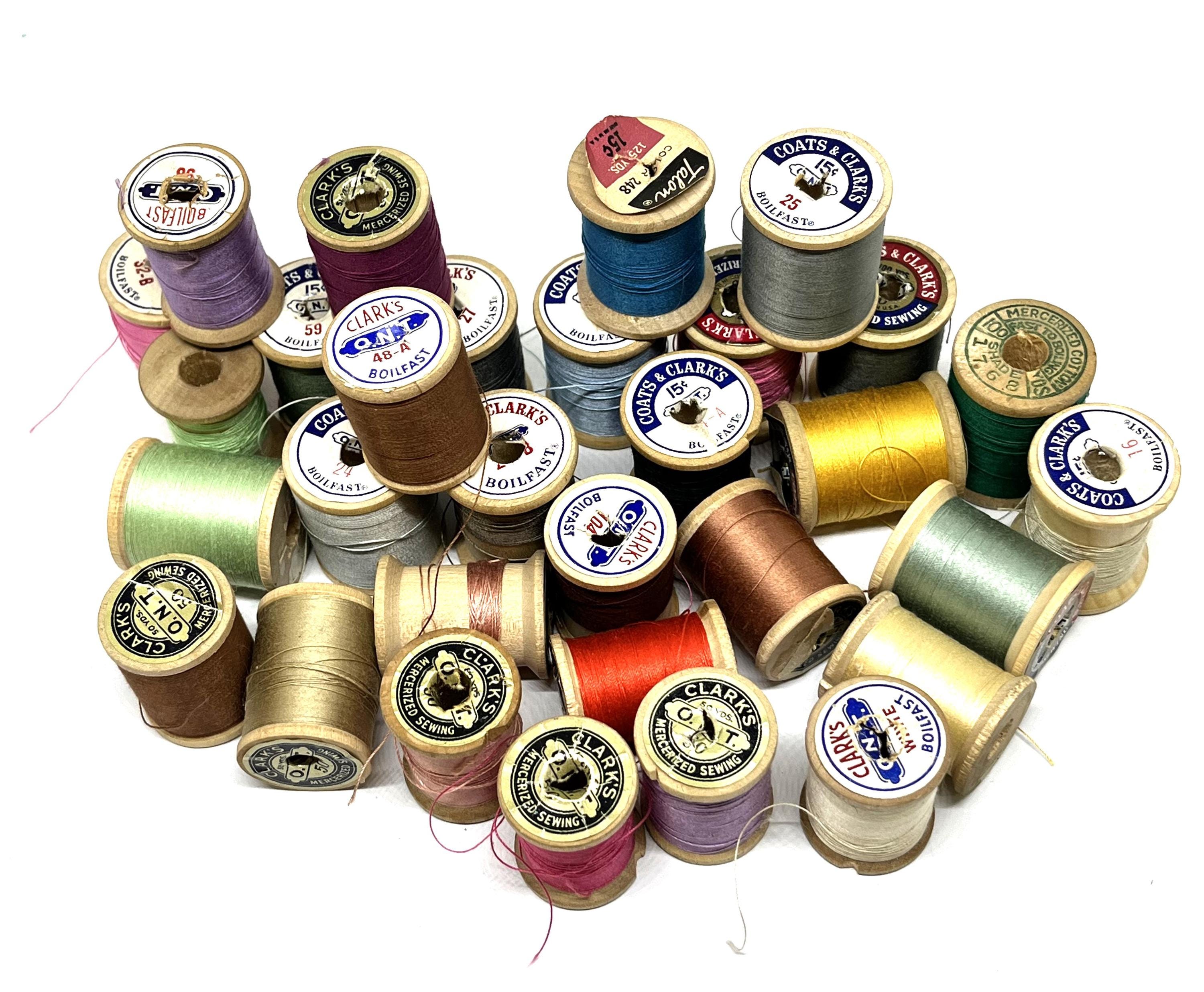 Vintage Wooden Spools with Thread, Lot of 30 Old Wood Spools