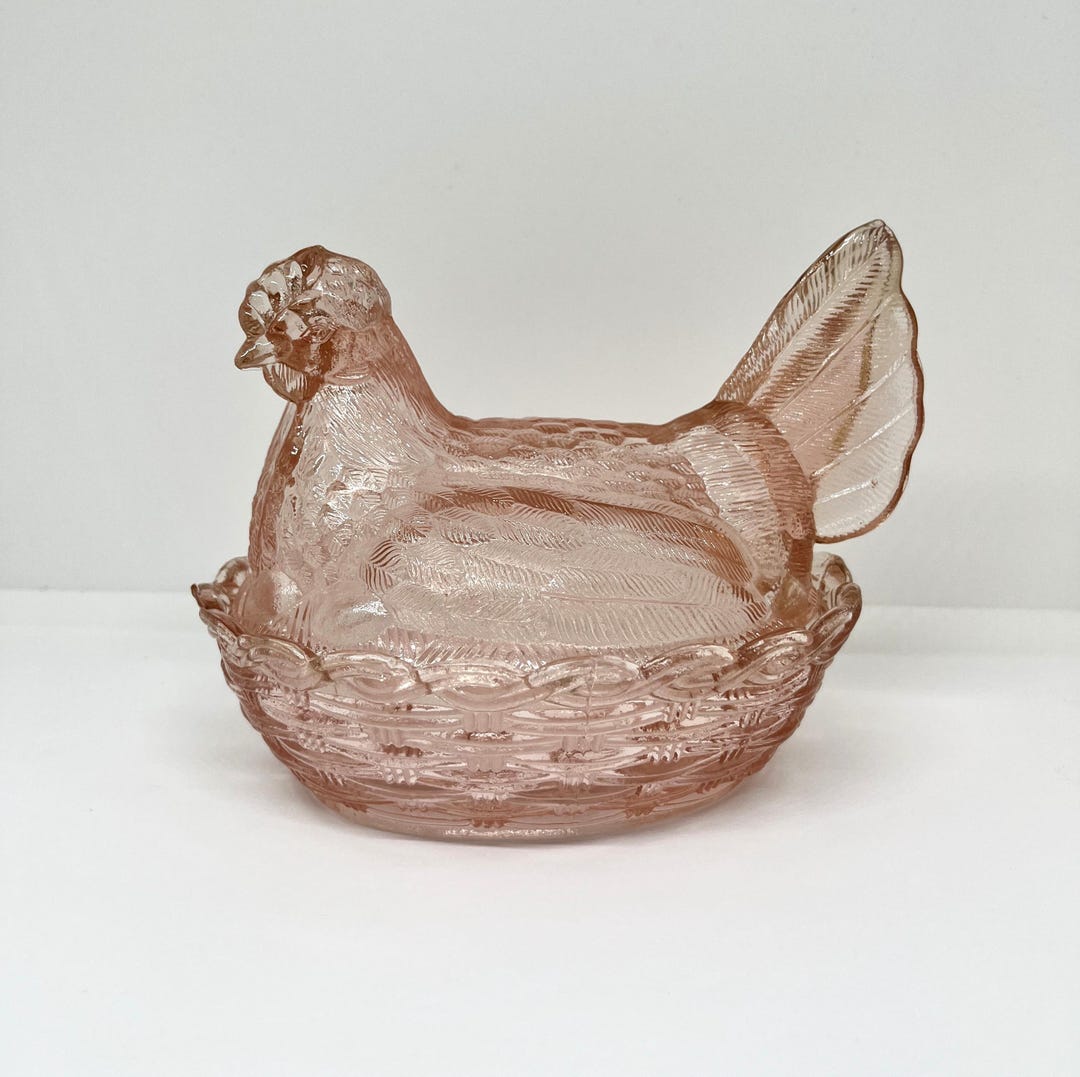 Vintage Pink Glass Hen on Nest, Hsinchu Depression Glass HON