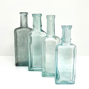 Vintage Aqua Glass Bottles, 4 Antique Medicine Bottles,Hand Blown Carey & Co. Great English Sweeney, Nice Lot Collectible Glass, Quack Med