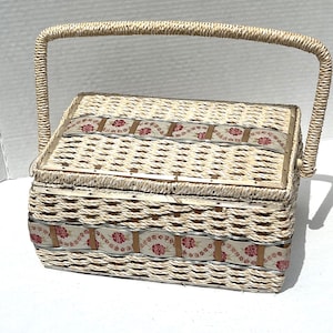 Vintage Wicker Sewing Basket, 1950s or 60s Dritz Sewing Box, Wicker Craft Basket, Sewing Organizer, Mid Century, Woven Basket Granny Core