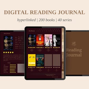 Könnte beinhalten: Eine digitale Lesetagebuch-App-Oberfläche auf dem Bildschirm eines Tablets. Die App enthält eine Bibliothek mit Büchern, ein Lesetagebuch und einen Herausforderungsverfolger. Die App soll Benutzern helfen, ihren Leseprozess zu verfolgen und neue Bücher zu entdecken.