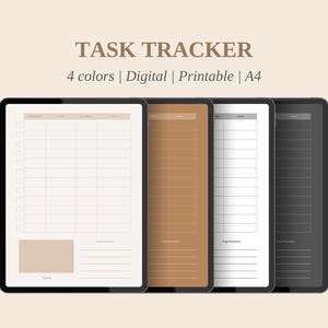 Puede incluir: Cuatro plantillas de seguimiento de tareas digitales imprimibles en tamaño A4. Las plantillas son en blanco, marrón, negro y gris.