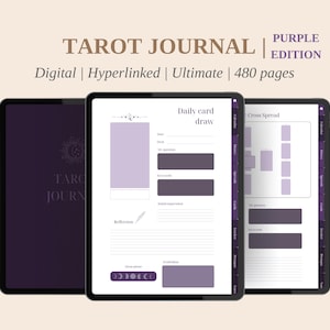 Digitale tarotdagboek paarse dagkaart trekt, tarot spreads tarottracker Goodnotes heks dagboek Tarot werkmap Tarotplanner kaartlezen
