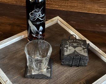 Personalized Square Slate Coasters Set, Custom Engraved Natural Edge, Optional Metal Holder