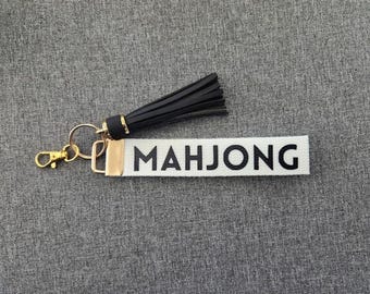 Mahjong Wristlet Keychain: Black Tassel, Heavy-Duty Cotton Key Fob