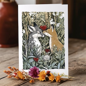 Coppia di volpi romantiche, biglietto in linoleografia / biglietto di San Valentino, biglietto di anniversario / biglietto per fidanzata, fidanzato, moglie, marito / stampa artistica estetica