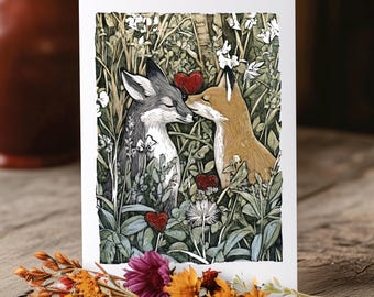 Biglietto d'auguri per San Valentino/anniversario/regalo a tema natura con linoleum e volpi romantiche