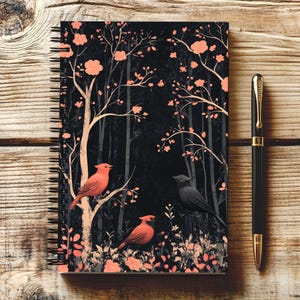 Può includere: Un taccuino nero a spirale con una scena di foresta oscura adornata con fiori rosa e uccelli rossi e neri.