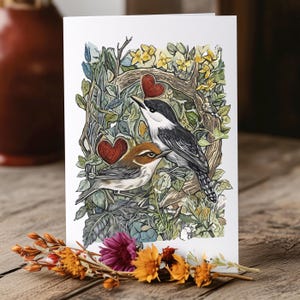 Tarjeta de linograbado con pájaros románticos / Tarjeta del día de San Valentín, tarjeta de aniversario / Tarjeta para novia, novio, esposa, esposo / Impresión de arte estético