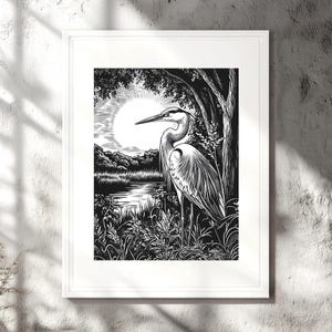 Grauer Reiher Wandkunst – Linoldruck auf Leinwand – Naturinspirierte Schwarz-Weiß-Kunst für rustikale, botanische Dekorationen