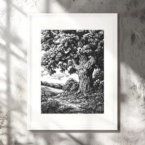 Eiche Baum Linoldruck Wandkunst - Premium Fine Art Leinwanddruck - Naturinspirierte Schwarz-Weiß-Kunst für rustikale, bewaldete oder botanische Wohnkultur