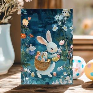 Tarjeta de conejito de Pascua: hermosa tarjeta de Pascua y juego de tarjetas de Pascua, adorable impresión artística de conejo de Pascua