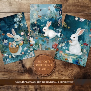 Conjunto de cartões de coelho de Páscoa fofos – Lindo pacote de cartões de Páscoa, adoráveis impressões de belas artes de coelho de Páscoa