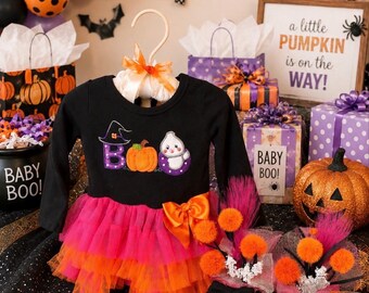 Centro de mesa para chá de bebê com tema de Halloween, vestido e sapatos encantadores para bebê menina, roupa para vestir