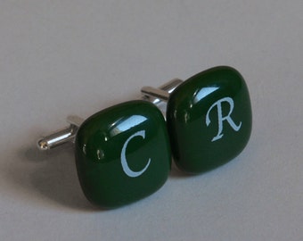 Monogram Cufflinks - White initials on dark green fused glass