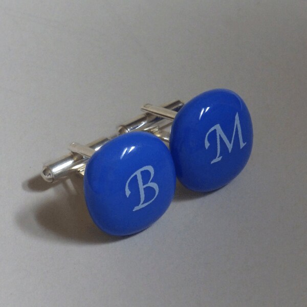 Monogram Cufflinks - Custom - White initials on periwinkle glass