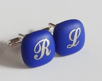 Custom monogram Cufflinks - Platinum initials on  matte cobalt color glass