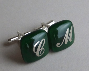 Initials Cufflinks - Platinum on dark green - Fused glass