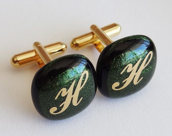 Custom Cufflinks - Gold initials on sparkly green glass