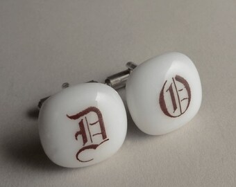 Gothic monogram Cufflinks - Sepia initials on white art glass