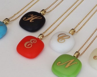 Monogram Necklace - Gold Personalized Pendant - on Matte Color Art Glass with Gold Filled Chain.