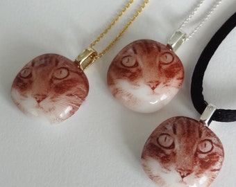 Cat Necklace - Cat Pendant - Sepia on White Art Glass