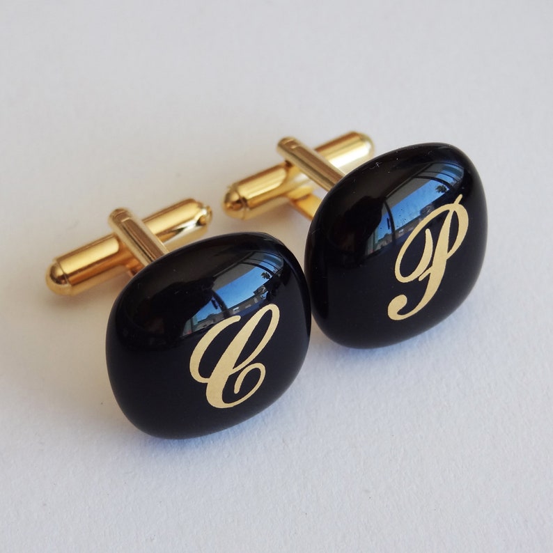 Custom Monogram Cufflinks Gold Initials on Black Glass Gold Plated