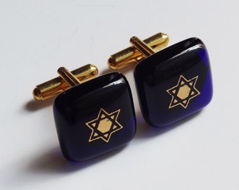 Star of David cufflinks - Fused glass - Gold on cobalt - Gold plated hardware