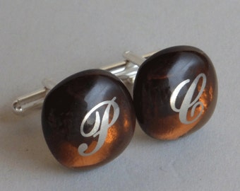 Monogram Cufflinks - Custom - Platinum initials on brown / amber fused glass