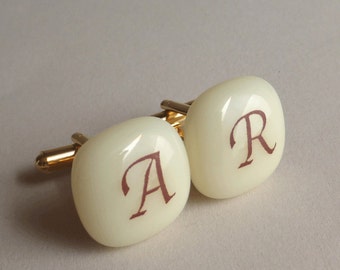 Custom monogram Cufflinks - Sepia initials on ivory color glass