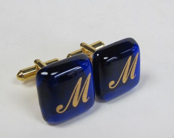 Custom monogram Cufflinks  - Gold initials on dark blue glass - Gold plated hardware.