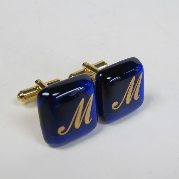 Custom monogram Cufflinks  - Gold initials on dark blue glass - Gold plated hardware.