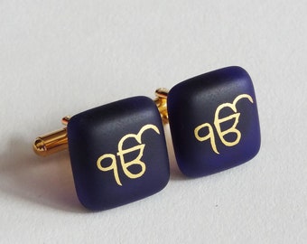 Ek Onkar Cufflinks - Gold on Matte Black, Matte Dark Blue and Matte Orange Color Glass.